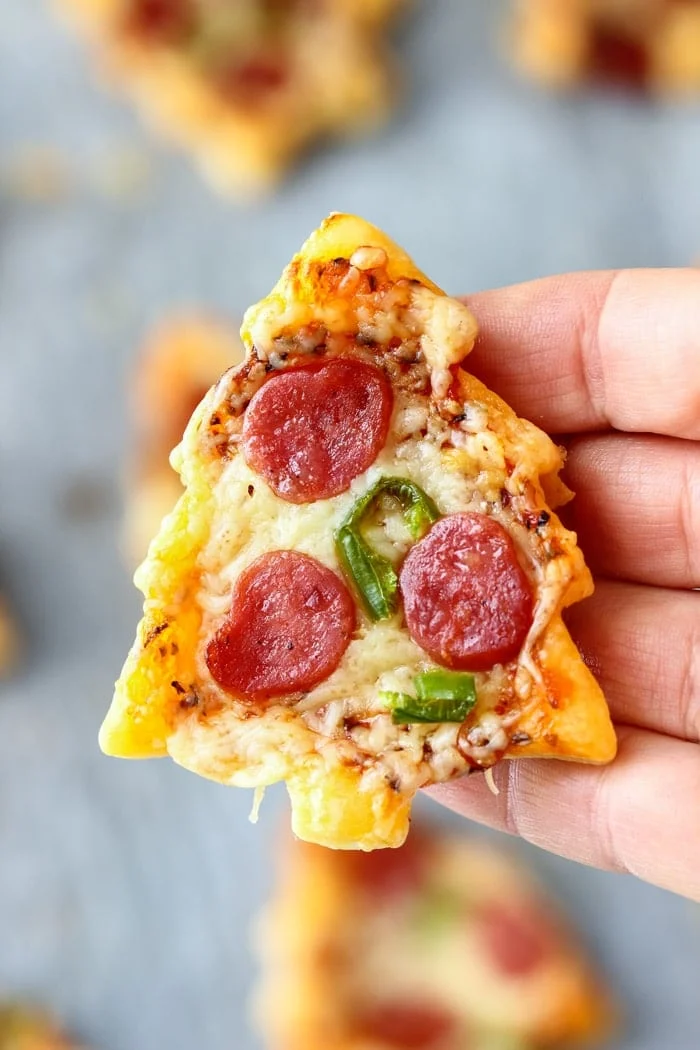 Mini Christmas Tree Pizzas with Tomato Baubles