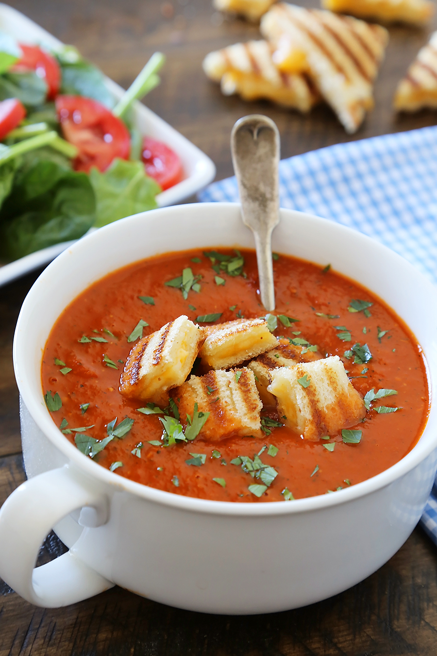 Tomato Basil Soup with Grilled Cheese Croutons