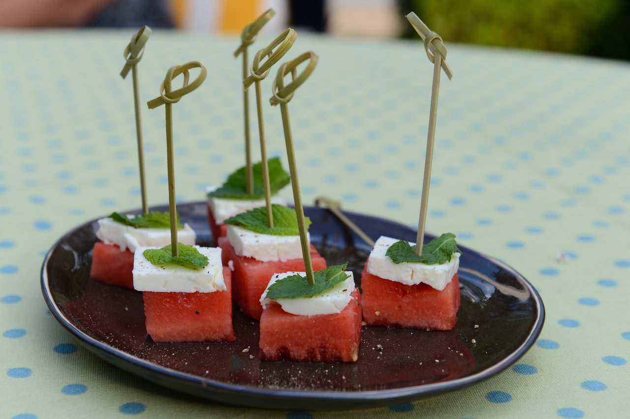 Chilled Tomato & Watermelon Skewers with Mint Drizzle
